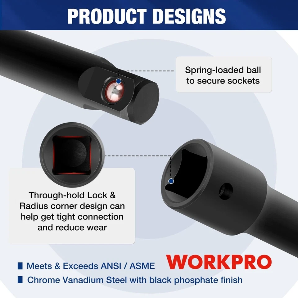 WORKPRO 9Piece Drive Tool Accessory Set Socket Adapter Extensions 1/4"&3/8"&1/2" - Image 4 of 4