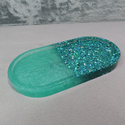 TURQUOISE BLUE Glitter Trinket Dish Jewelry Vanity Tray Ocean Beach 6.75x3.5''