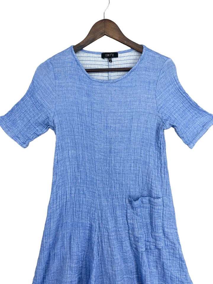 Cómodo Vestido Camisa USA Lilly Mujer Medio Azul Algodón Gasa Dobladillo Asimétrico Foto 2 de 4
