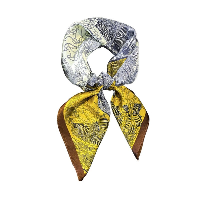 100% Mulberry Silk Scarf Yellow Black Floral Square Bandana 68cm for Women