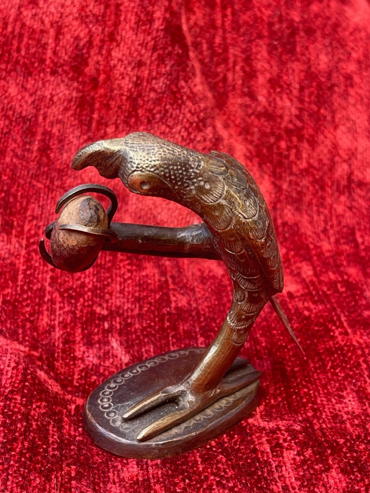 A sculptural curiosity-cabinet parrot clutching a seed — the kind of weird, wonderful object that sparks instant conversation on any shelf.