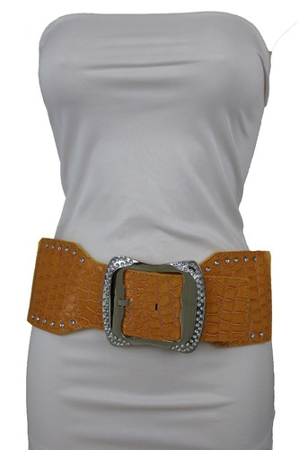Women Fashion Wide Orange Stretch Waistband Belt Silver Metal Buckle Plus M L - Picture 5 of 12