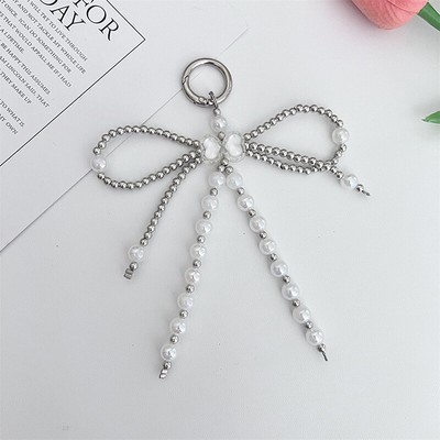 Bowknot Pearls Bag Pendant Charm Heart Keychain Beaded Keyring Sweet Key Chain