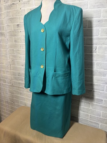 Vintage Le Suit Green Blazer w/Skirt Padded Shoulders Estate Find Size 16
