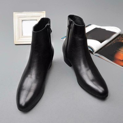 Men's cow Leather Cuban Heel Ankle Boot Pointed Toe  Side Zip formal Shoes