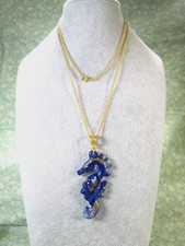 Handmade Dichroic Glass Seahorse Pendant w/ 32" Gold Plated Curb Link Chain / F