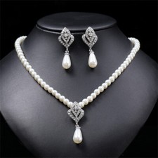 White Pearl Drop Dangle Bridal Necklace Earring Girl's Elegant Party Jewelry Set