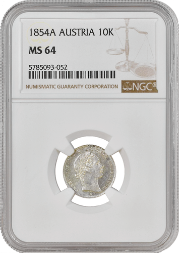 Austria 10 kreuzer 1854 A, NGC MS64, "Emperor Franz Joseph I (1848 - 1916)" Top