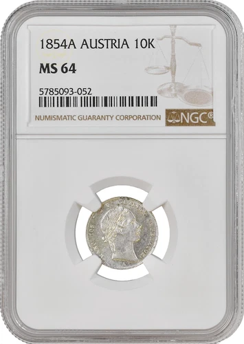Austria 10 kreuzer 1854 A, NGC MS64, "Emperor Franz Joseph I (1848 - 1916)" Top