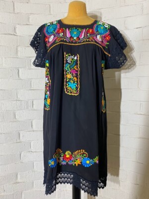 Embroidered Traditional Mexican Dress Black size Large | eBay