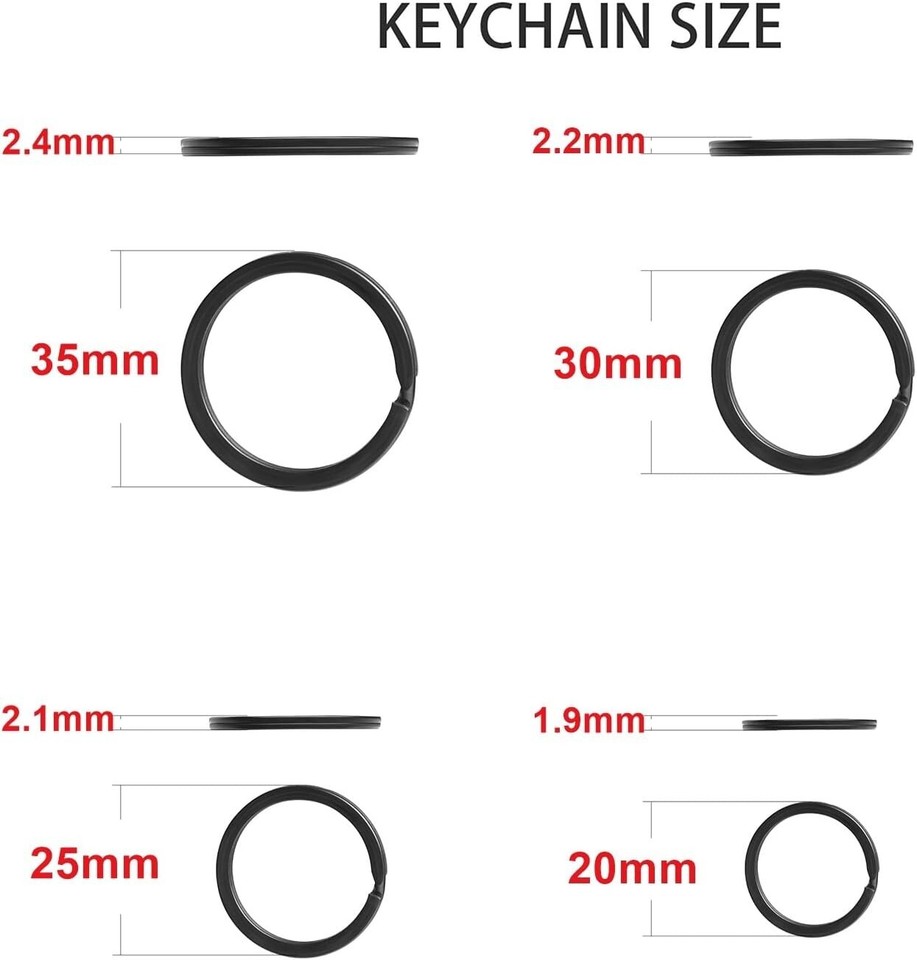 40 Pack Key Ring Keychain Mix 4 Sizes Black Metal Flat Split Key Chains ...