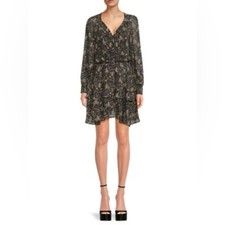 NWOT ASTR The Label Faux Wrap Blouson Chiffon Dress in Black/Gold Size M