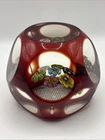 vintage millefiori murano art glass paperweight, Ruby Red With Floral Design.
