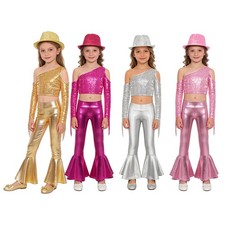 Girls 2PCS Tassel Jazz Dance Stage Performance Crop Top With Pants Cha-Cha Kids