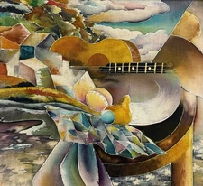 American 20th C, Vintage Batik Painting, Cubist Still Life Guitar Landscape