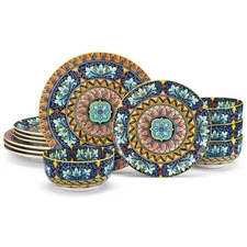 12pc Yellow Porcelain Dinnerware Set Plates Bowls Boho Microwave Safe