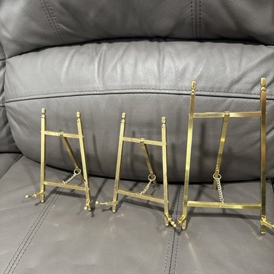 3 Vintage Solid Brass Mini Folding Art Easel Plate Picture Displays Tabletop 