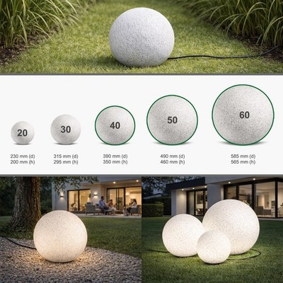 LED Gartenbeleuchtung Kugel E27 IP65 Kugellampe Außenleuchte Optik Granit hell