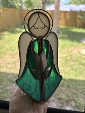 Vintage Green Angel Stained Glass Votive Candle Stand Holder Christmas 7.5  