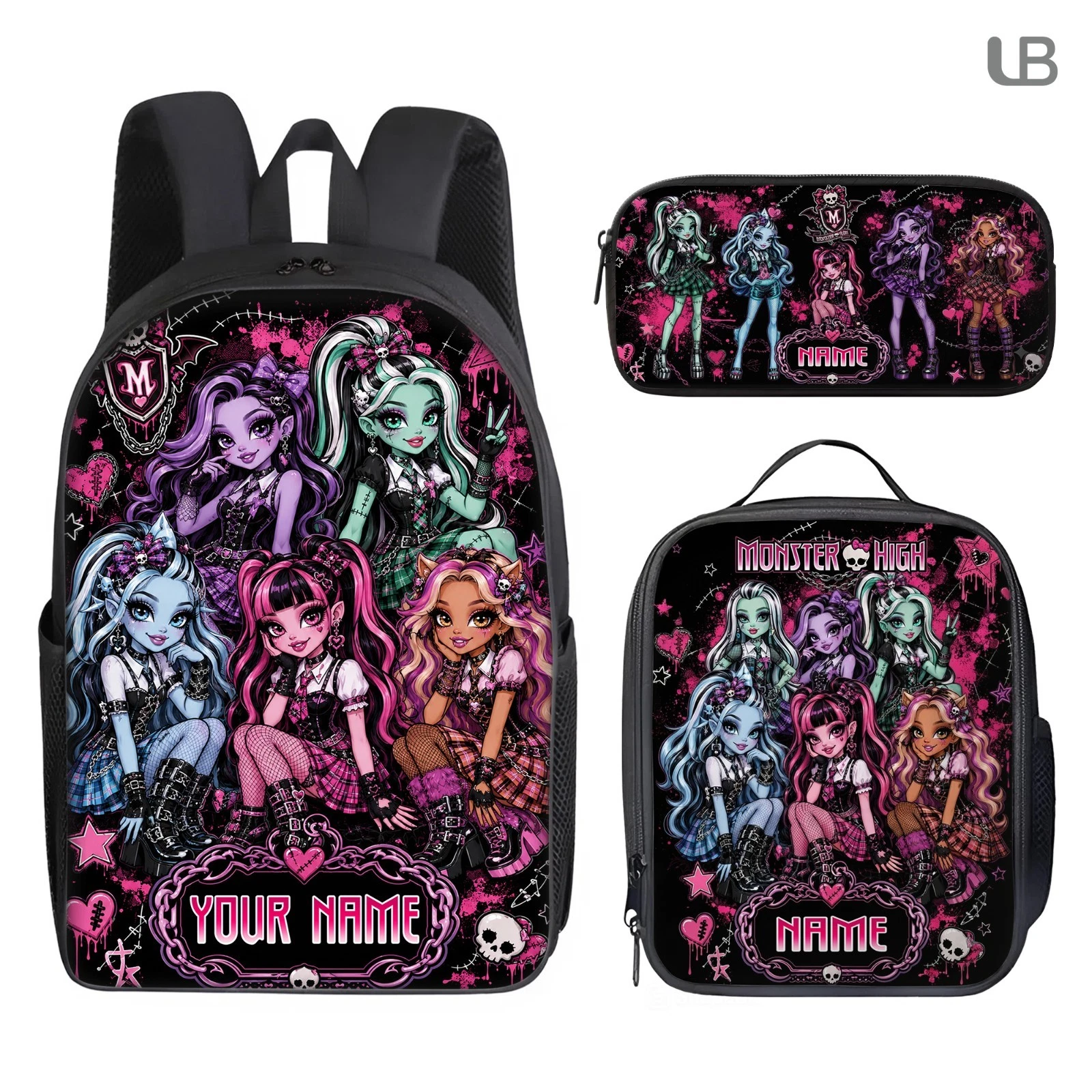 Personalized Monster High Backpack Set, Custom Name School Bag, Lunch Bag & Penc