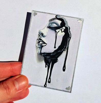 ACEO Original Art Realism Woman Face Mask Melting Portrait Dark Art Drawing