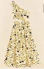 NWT FARM RIO One Shoulder Knot Linen-Blend Midi Dress, Yellow Banana