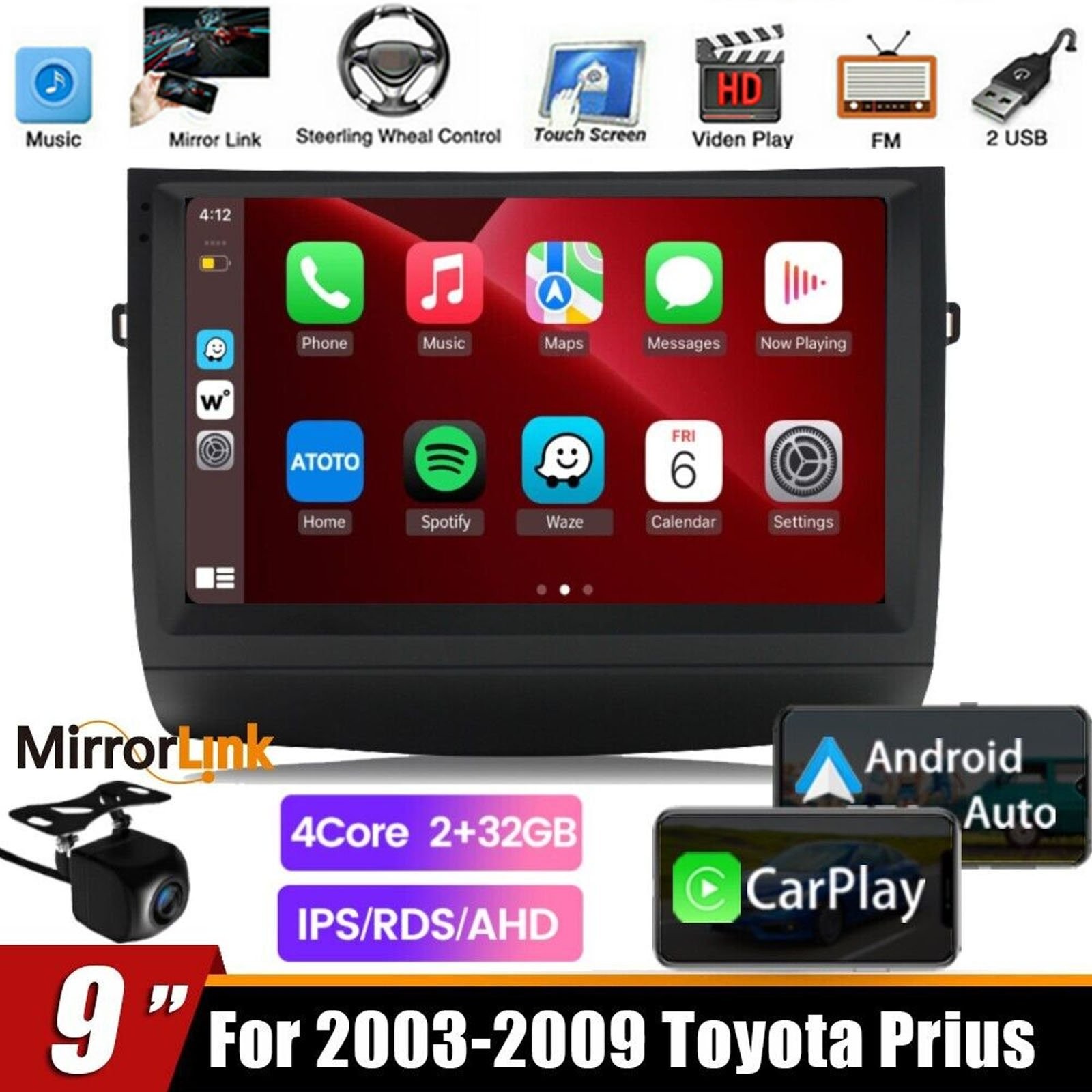 For Toyota Prius 2003-2009 Car Stereo Radio Carplay Android FM GPS Player 32G 9