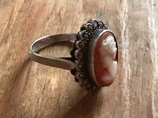 Antique 1920s/30s Carved Shell Cameo & Silver Marcasite Halo Ring, Size O / 8