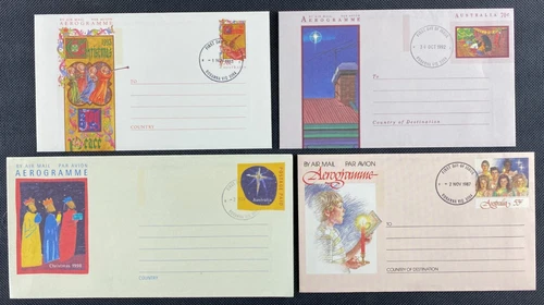 4x Australian Christmas Aerogrammes 1987, 1992, 1993, 1998 Rosanna Vic Postmarks