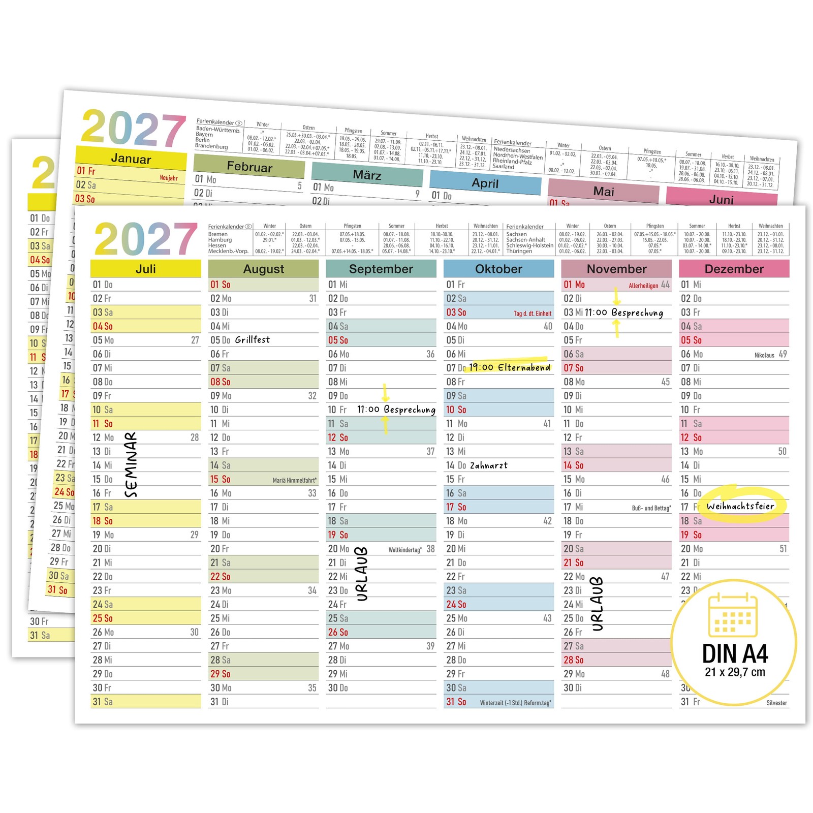 Tafelkalender 2027 Bunt DIN A4 3er Set Halbjahreskalender Familie Küche
