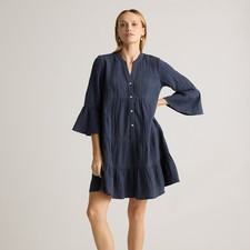 Quince 100% Organic Cotton Gauze L/S Tiered Mini Dress, Indigo Blue, Large