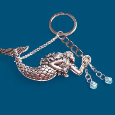 SILVER MERMAID KEY RING blue beaded delicate chain siren nautical magical 4G