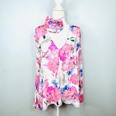Sheike Juliet Pink Floral Tie Waist Blouse V Neck Satin Feel Long Sleeve 16