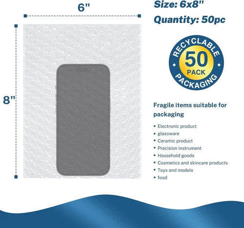 50 Pack Bubble Out Bag 6''x8'', Bubble Pouches Packaging Bags, Double Walled - Picture 5 of 7