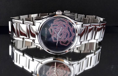 Marc Ecko Silver Tone Black Mother of Pearl Dial Pink Crystals Women's Watch 
