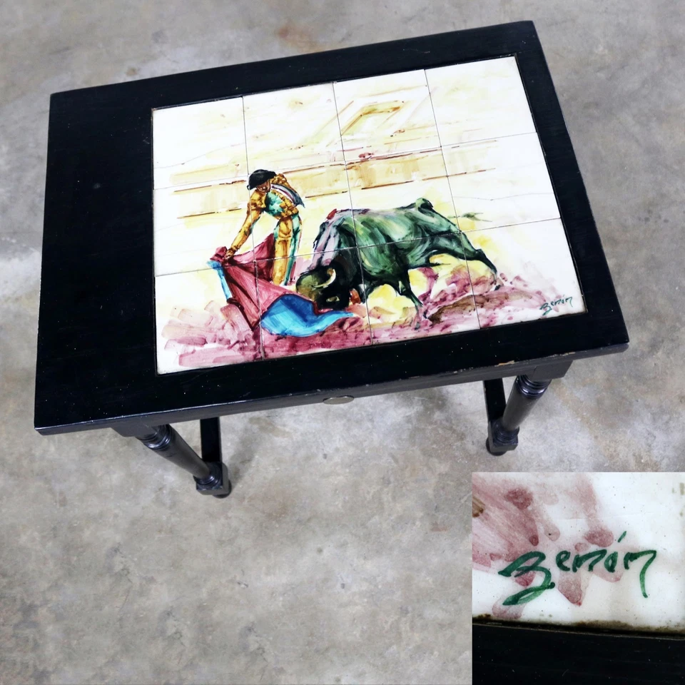 ON SALE!!! Black Turned Leg Drawered End Table with Matador and Bull Tile Insert - Image 2 of 4