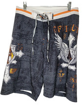 Affliction Cross Logo Board Brown Black Swim Shorts Spell out Men  s Size 33