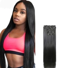 22" Black 56cm Natural Hairpieces Straight Synthetic Clip In Hair Extentions
