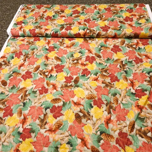 North Woods Fall Leaves BTY Cynthie Fisher Quilting Treasures Pine Cone on Taupe - Picture 3 of 3