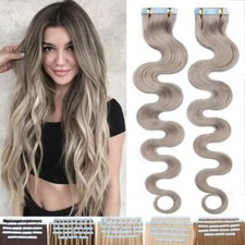 Tape In 100 Remy Human Hair Extensions Full Head Wavy Straight 100g Blonde Gray
