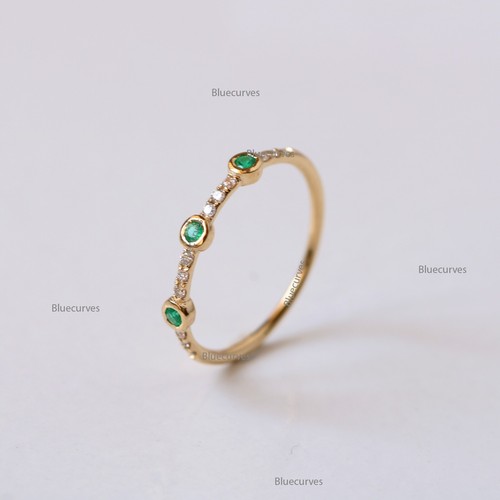 14k Solid Yellow Gold 3 Natural Emerald & Pave Real Diamond Distance Band Ring - Picture 5 of 7