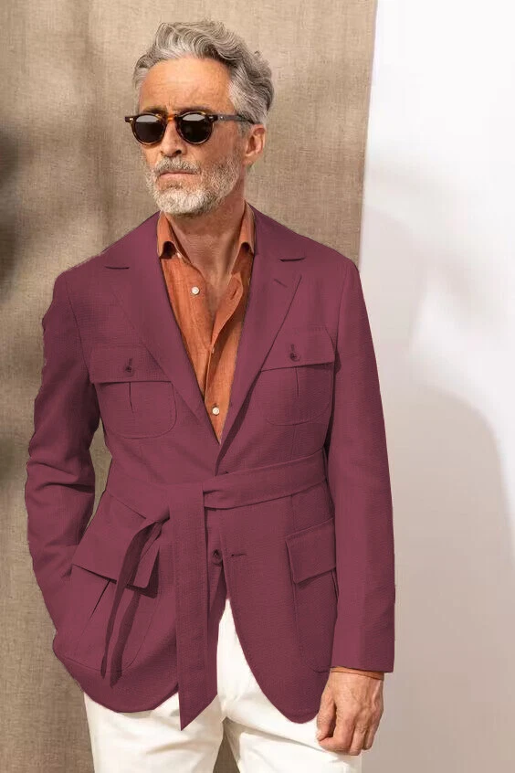 Jaquetas masculinas de linho safári com cinto smoking verão ao ar livre casaco empresarial diário - Imagem 4 de 4