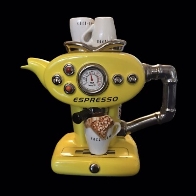 The Teapottery Espresso Machine Teapot Yellow Small Chip On Spout Limited Ed.