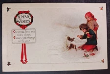 vtg postcard American Colortype Christmas Xmas Wishes kids feed squirrel