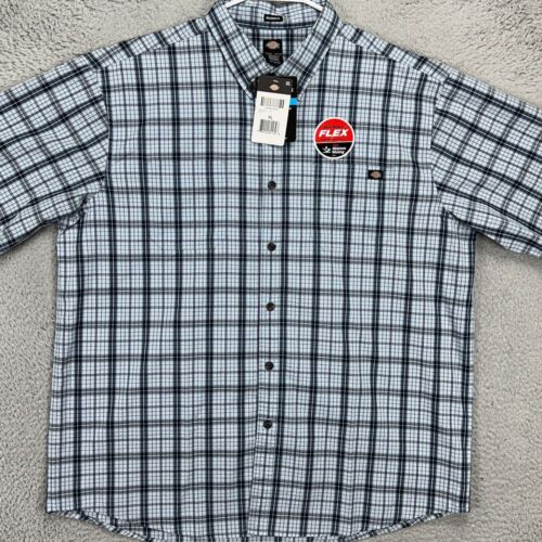 Dickies Button Down Shirt Mens XL Blue Gray Plaid Relaxed Fit Short Sleeve NEW