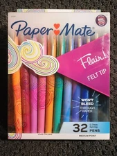 NEW Paper Mate Flair Felt Tip Pens - 32 Vivid Colors - 0.7mm Won't Bleed Through
