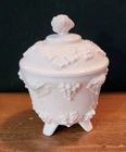 Vintage Jeanette Pink Milk Glass Candy Bown with Lid, Grapes Pattern
