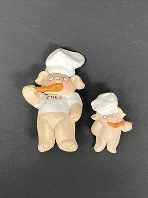 Vintage Clay Brooch Pig Chef Anthropomorphic Signed S Lehman Set of 2
