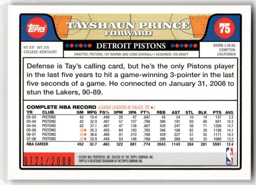 2008-09 Topps #75 Tayshaun Prince Gold Border #/2008 - Imagen 2 de 2