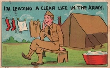 Military Comic Postcard - Soldier Living Clean Life doing Laundry